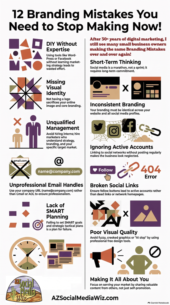 Infographic titled '12 Branding Mistakes You Need to Stop Making Now!' showing common branding errors with icons and short captions (e.g., missing visual identity, unprofessional email handles, broken social links).