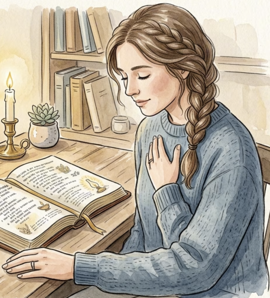 Woman in a blue sweater prays with hand on her chest at a wooden desk, an open book before her by a candle.