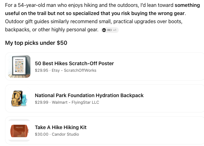Section 'My top picks under ' listing three hiking gift ideas: 50 Best Hikes Scratch-Off Poster, National Park Foundation Hydration Backpack, and Take A Hike Hiking Kit