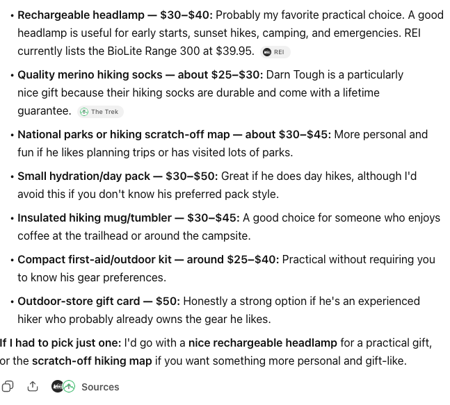 Bullet-style list of hiking gear recommendations with price ranges and short notes: rechargeable headlamp, Merino hiking socks, national parks/scratch-off map, small hydration day pack, insulated mug/tumbler, compact first-aid/outdoor kit, outdoor-store gift card; each item includes brief justification and tags.