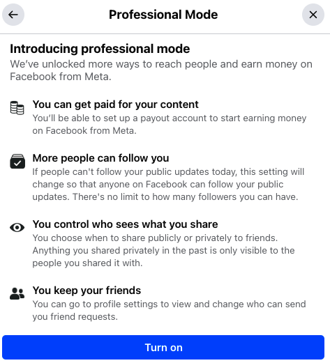 Earn money from Facebook in Professional Mode
