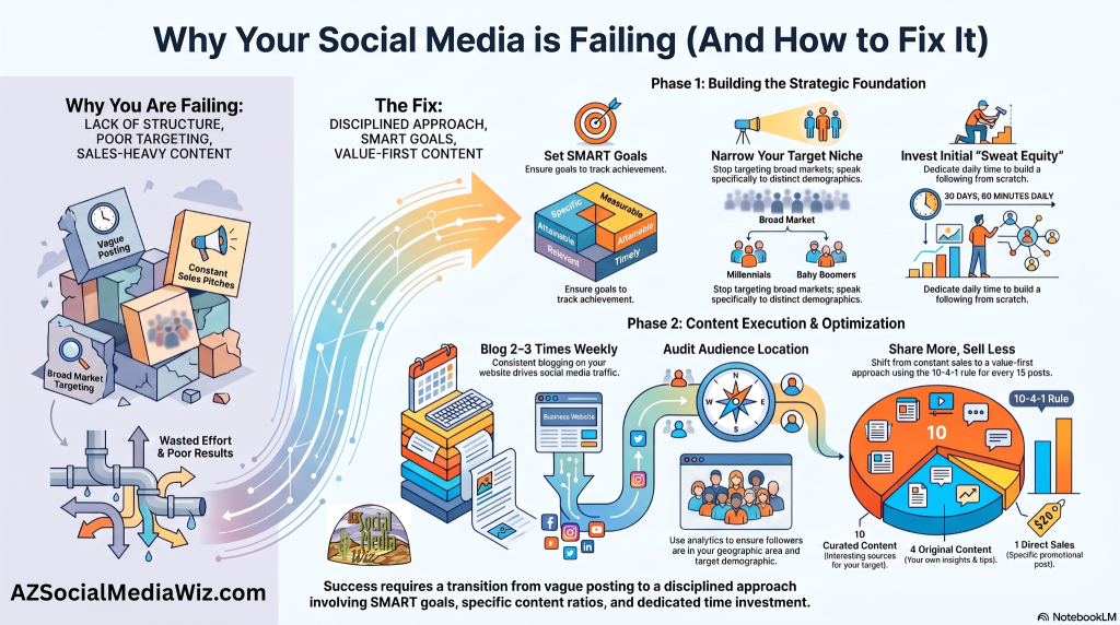 Why your social media marketing is failing and how to fix it. Infographic created with NotebookLM.