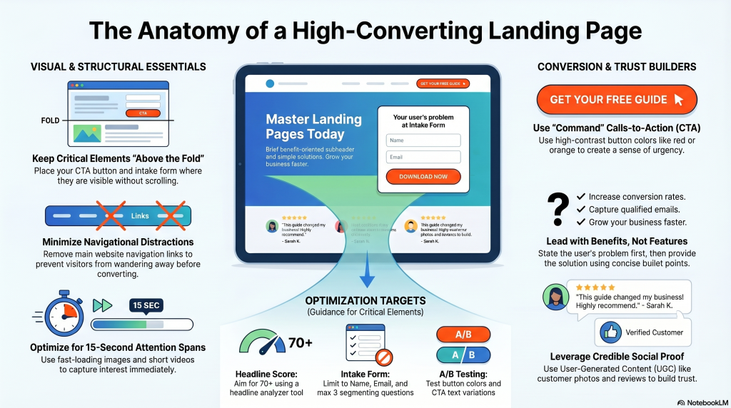 Infographic outlining the anatomy of a high-converting landing page, covering visuals, CTAs, optimization targets, and trust builders.