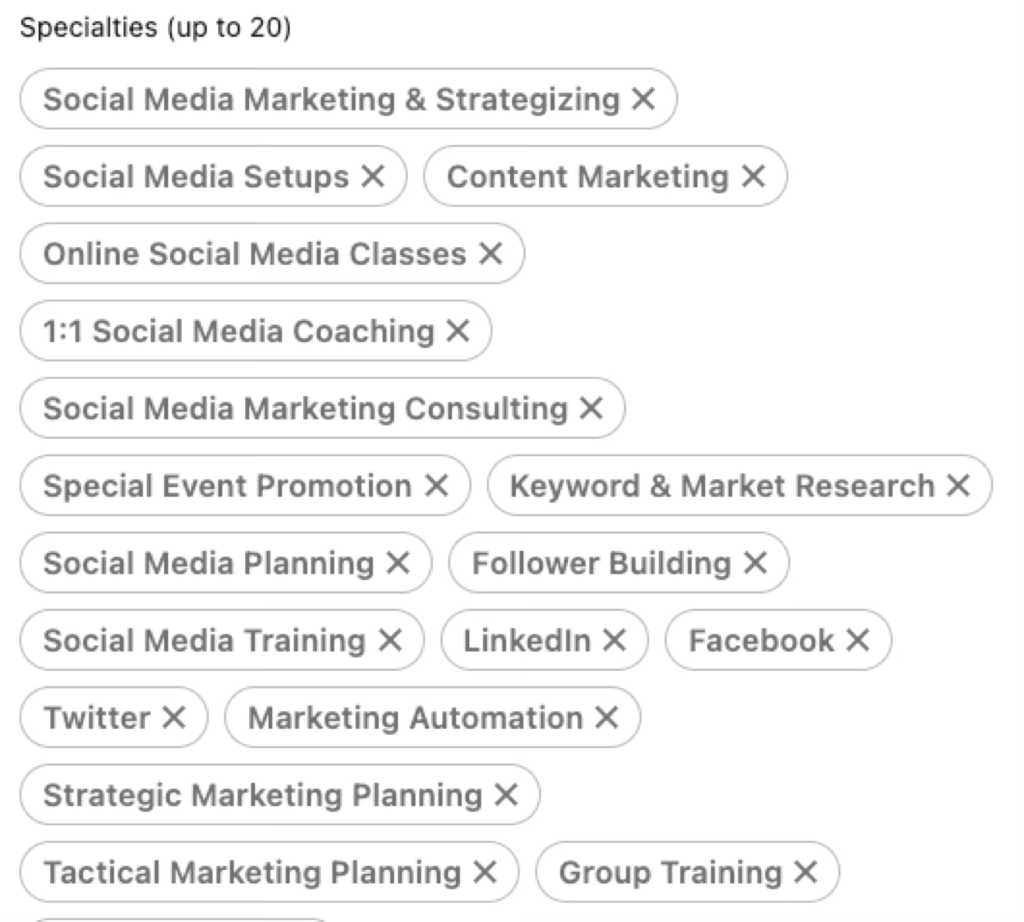LinkedIn Company Specialites - AZ Social Media Wiz Collection of marketing specialties shown as rounded tags (e.g., Social Media Marketing, Content Marketing, LinkedIn, Facebook).