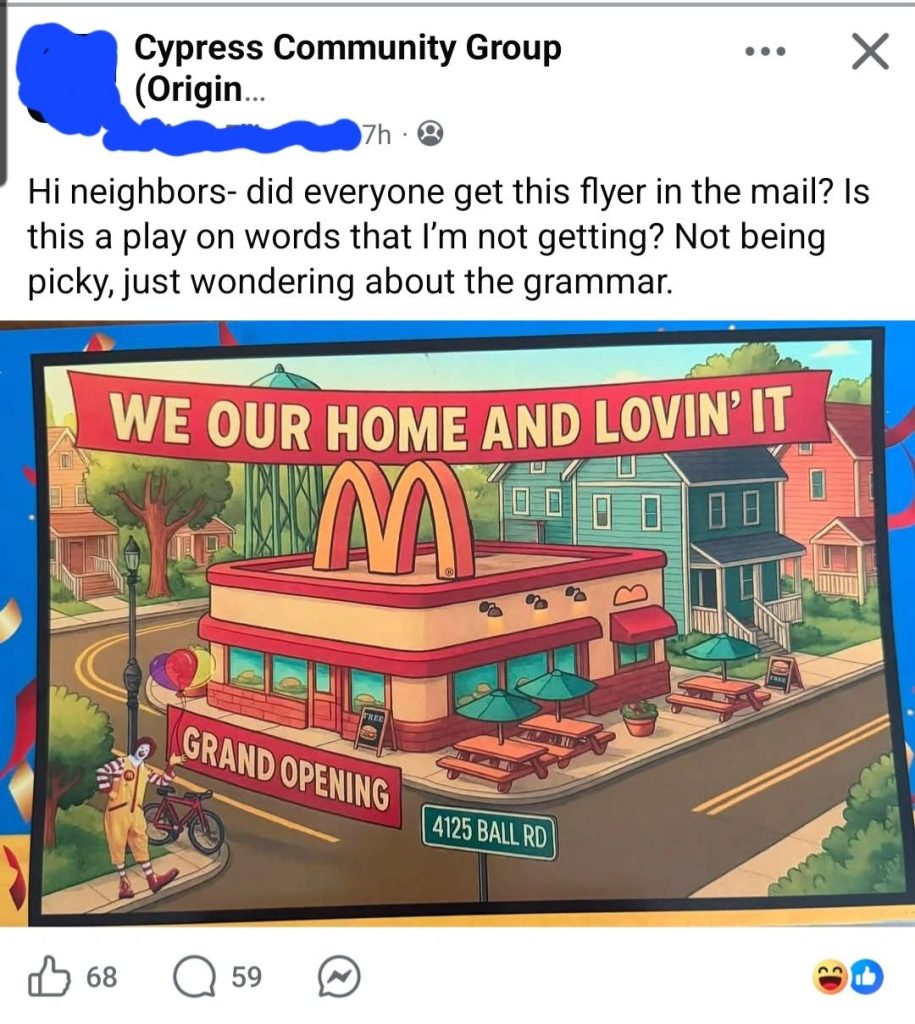 Colorful cartoon of a McDonald's‑style restaurant on a suburban street with a banner reading 'WE OUR HOME AND LOVIN' IT', a 'GRAND OPENING' sign, and the address 4125 Ball Rd; a clown on a bicycle is visible nearby.