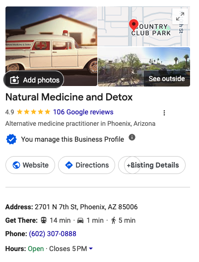 Collage of a vintage ambulance, a map with a location pin, and an outdoor scene, representing a Natural Medicine and Detox business listing