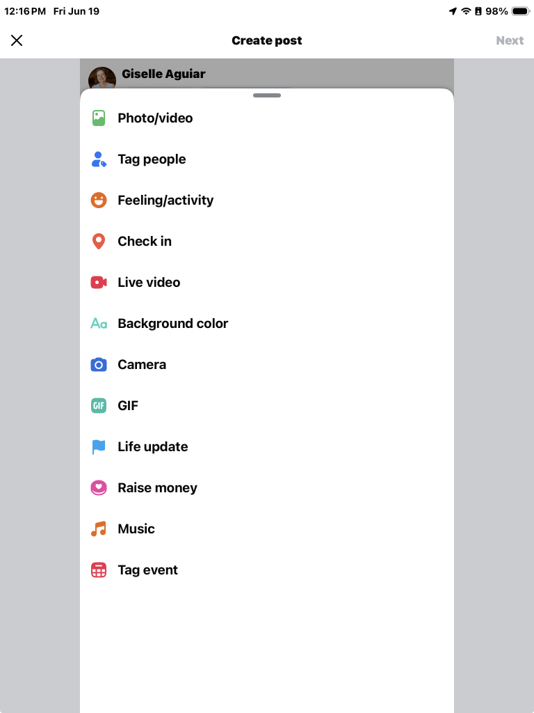 Post creation options menu on mobile showing items such as Photo/video, Tag people, Feeling, Check in, Live video, Background color, Camera, GIF, Life update, Music, Tag event. Helps with Local SEO.