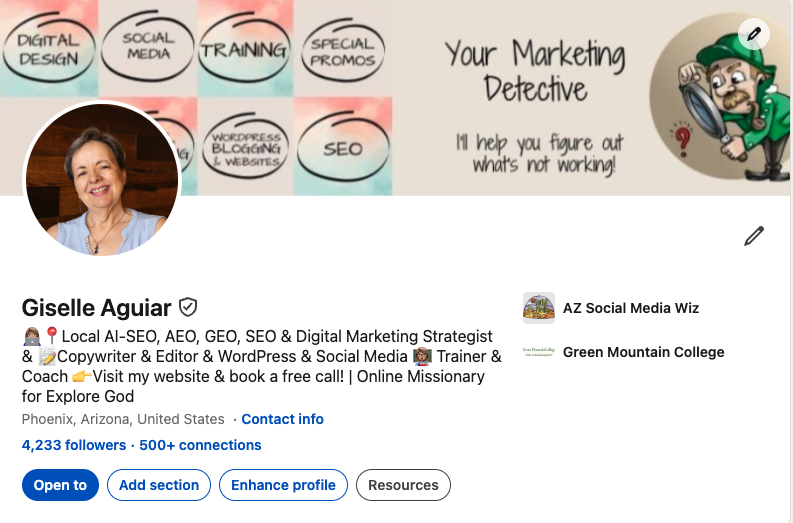 Screenshot 2026-07-09 at 10.39.54 AM - AZ Social Media Wiz Giselle Aguiar's professional, personal profile on LinkedIn
