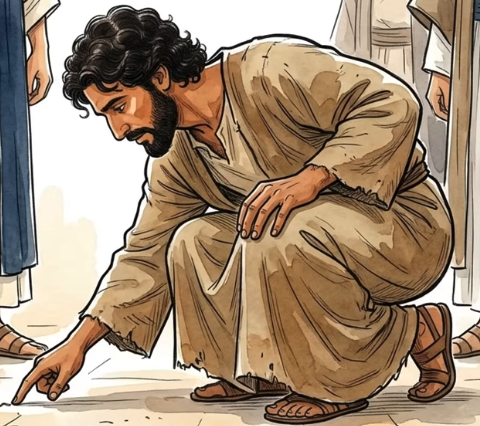 Man in a tan robe and sandals kneels, pointing at the ground while others stand around him.
