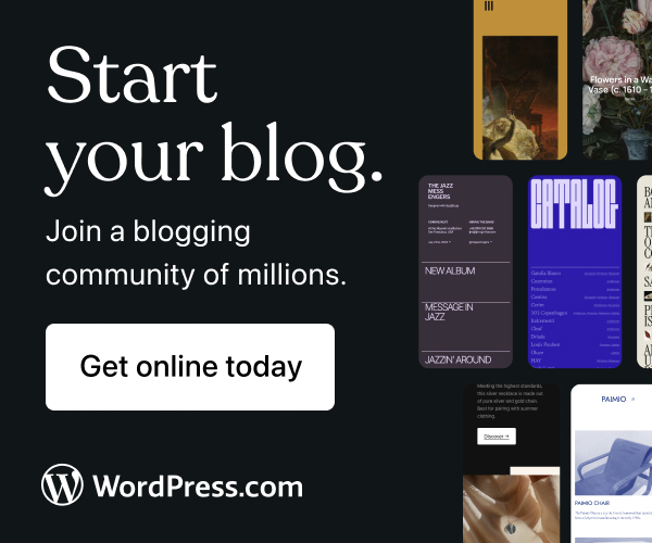 Dark promotional panel: 'Start your blog. Join a blogging community of millions.' with a white 'Get online today' button and WordPress.com logo; collage of design tiles on the right.
