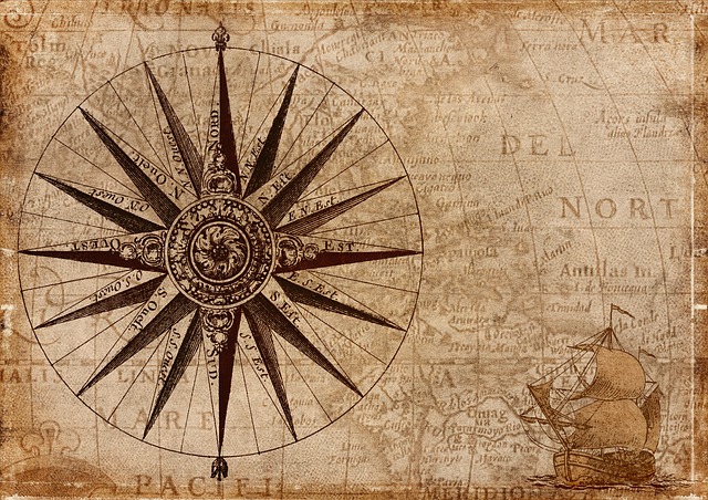 Sepia-toned antique map with a large compass rose and a sailing ship in the corner.