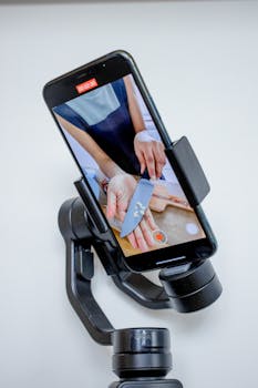 Close-up of a smartphone on a stabilizer recording a cooking tutorial video with a knife and garlic. Visual marketing