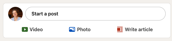 write-an-article-on-LinkedIn - AZ Social Media Wiz Post composer card showing user avatar and a "Start a post" prompt with options: Video, Photo, and Write article